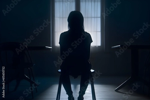 Fototapeta silhouette of a women in depress with dark gloomy light. Content created with generative AI software