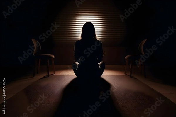 Fototapeta silhouette of a women in depress with dark gloomy light. Content created with generative AI software