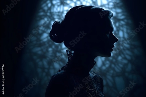 Fototapeta silhouette of a women in depress with dark gloomy light. Content created with generative AI software