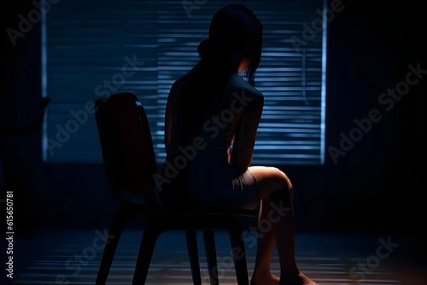 Fototapeta silhouette of a women in depress with dark gloomy light. Content created with generative AI software