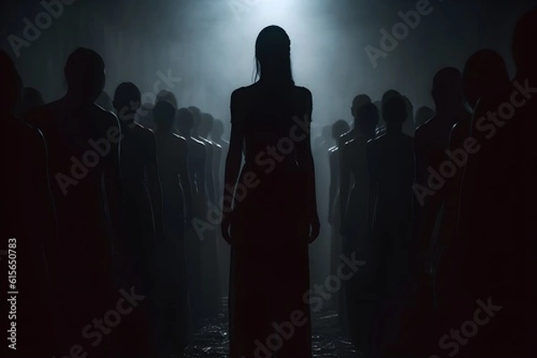 Fototapeta silhouette of a women in depress with dark gloomy light. Content created with generative AI software