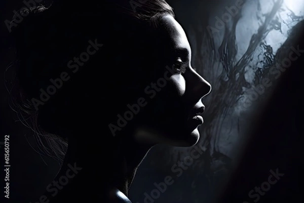Fototapeta silhouette of a women in depress with dark gloomy light. Content created with generative AI software