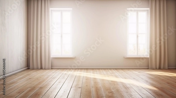 Obraz White room interior and wood plank floor with shadow sunlight, Perspective of minimal design architecture, Window and sunlight wallpaper, background for poster, cover, product showcase, AI generated.