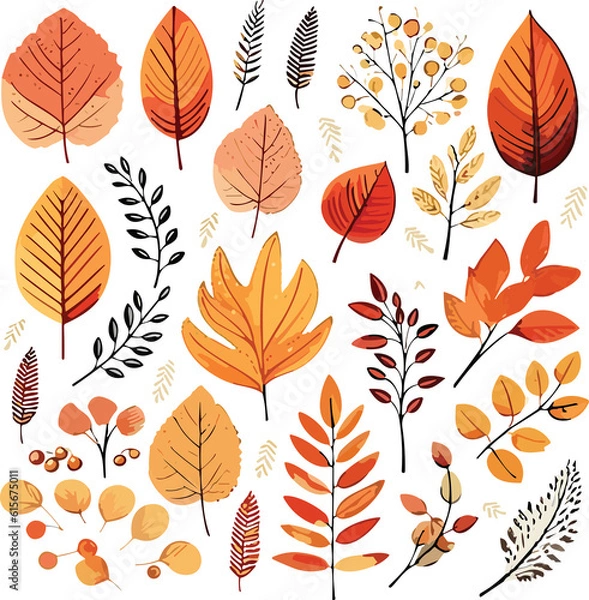 Obraz Set of colorful autumn leaves and berries isolated on white background, simple flat cartoon style.Generative AI illustration.