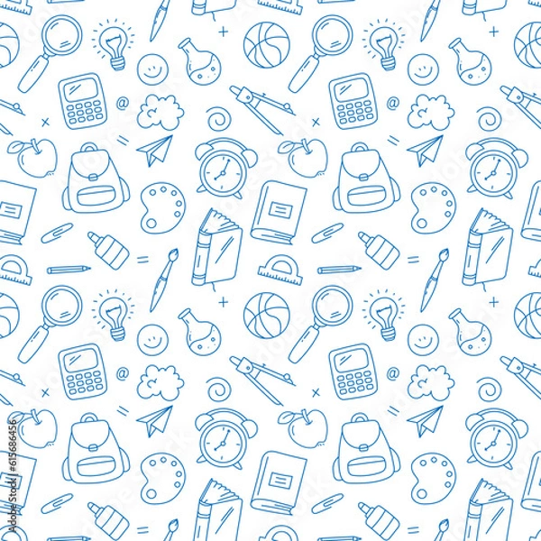 Fototapeta Back to School Seamless pattern, school supplies background. Vector illustration in doodle, simple line style