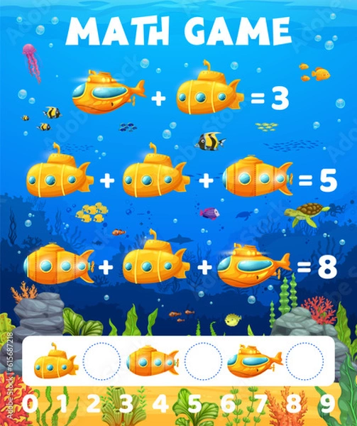 Fototapeta Math game worksheet, cartoon yellow submarine bathyscaphe, vector mathematics quiz for kids. Sea underwater boat or undersea submarine for calculation and counting skills in education worksheet