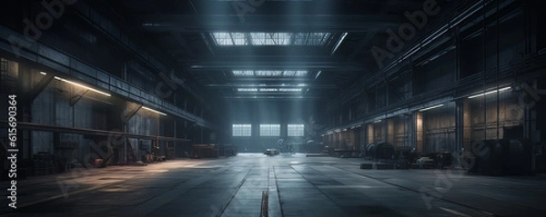 Fototapeta large industrial warehouse background, in the style of dark modernism