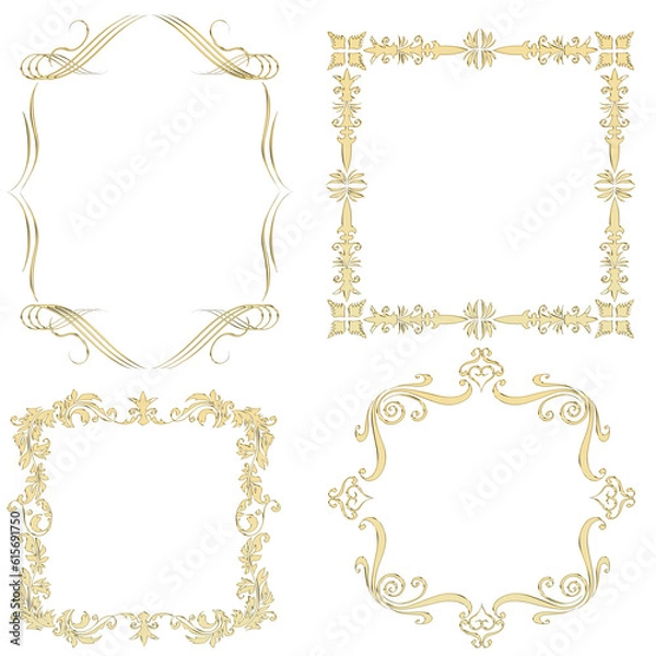 Fototapeta 金属の質感のゴールドのバロック調のオーナメントイラストセット・オリエンタル柄飾り罫・飾り囲み｜金色