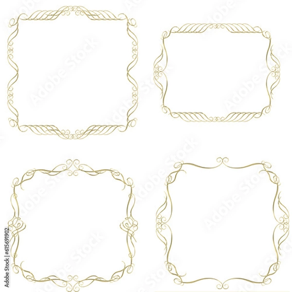 Fototapeta 金属の質感のゴールドのバロック調のオーナメントイラストセット・オリエンタル柄飾り罫・飾り囲み｜金色