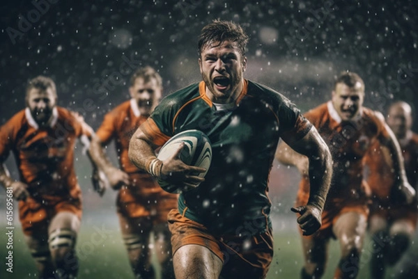 Obraz Rugby sportsman players with ball in action on stadium under lights. Emotional team under rain, splash drops.
