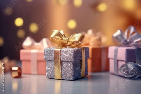 Fototapeta Gift boxes with ribbon and bow, Super photo realistic background. Generative ai illustration