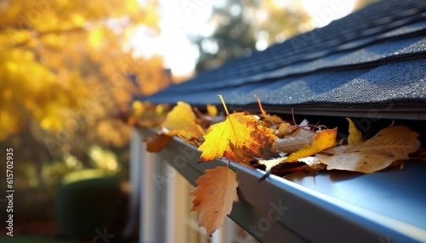 Obraz Gutters with leaves being cleaned on a single