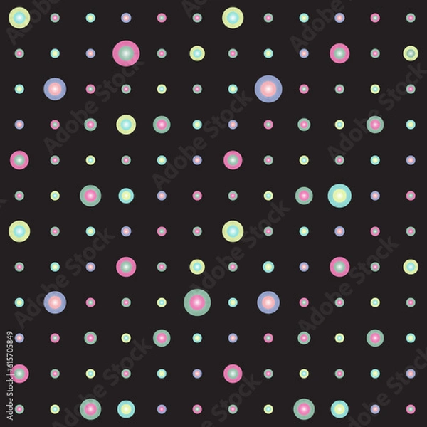 Obraz 3-d circles on a black background. Abstract vector seamless pattern of multicolored circles of different sizes.