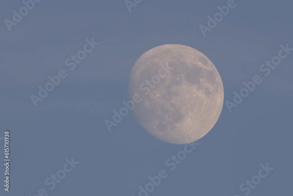 Fototapeta A clear view of the moon in a daytime sky. The moon is prominently visible with its craters and surface details highlighted against a soft blue background.
