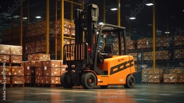 Fototapeta High rack stacker forklift in huge distribution warehouse with high shelves, Logistics Business.