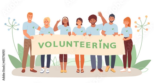 Fototapeta Group of young people holding poster with volunteer slogan and take picture together. Happy volunteers working together. Help and care for people in need concept. Flat vector illustration