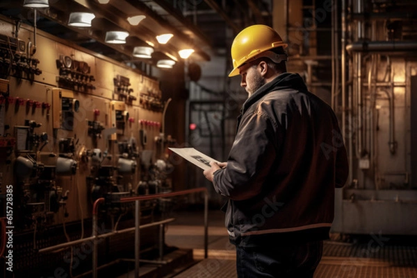 Obraz engineer checking power station with clipboard with Generative AI