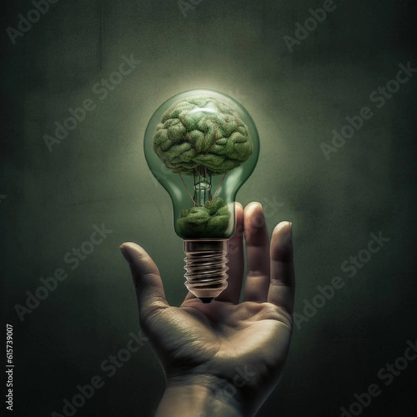 Fototapeta light bulb in hand, hand holding illuminated light bulb,  innovation and inspiration and creativity concept in dark background by Generative AI.