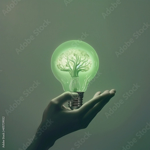 Fototapeta light bulb in hand, hand holding illuminated light bulb,  innovation and inspiration and creativity concept in dark background by Generative AI.