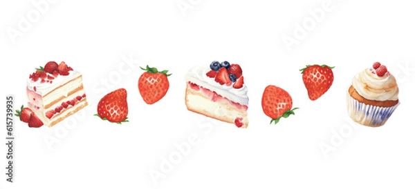 Obraz いちごとスイーツの水彩イラストセット　AI生成画像