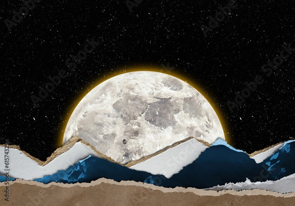 Obraz Minimalist landscape abstract contemporary collage. Mountains made from craft paper, cardboard, vintage photos. Full moon illustration with black starry cloudless sky.