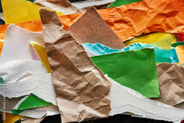 Fototapeta Abstract photo composition made from colorful pieces of torn crumpled paper. Different textures display of diversity. Reuse paper trash to create a new collage