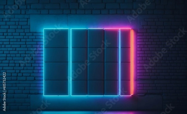 Fototapeta A blue and pink neon lights on a brick wall background, Generative Ai