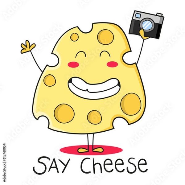 Obraz Illustration of a smiling piece of cheese with a photo camera in hand and saying "say cheese", t-shirt design