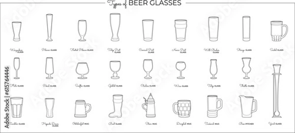 Fototapeta Vector set of alcohol beer glasses and mugs. Vector line art bar illustration