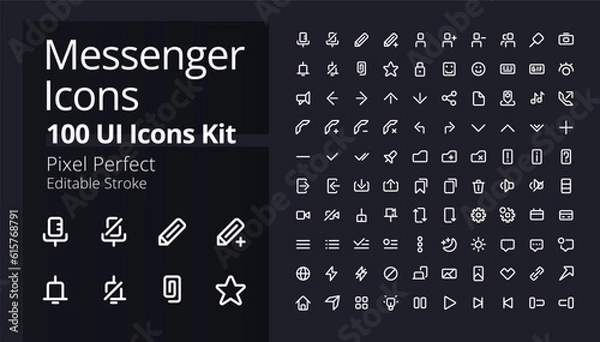 Fototapeta Messenger application pixel perfect white linear ui icons kit for dark theme. App features. Isolated user interface symbols for night mode. Vector line pictograms. Editable stroke. Poppins font used
