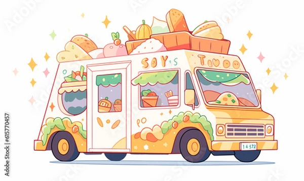 Fototapeta A cheerful taco truck with cheery colors and tacos that are grinning