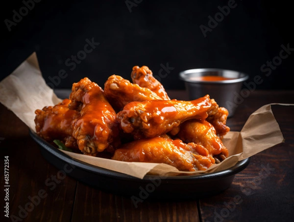 Fototapeta A tray of delicious buffalo chicken wings, crispy and coated in spicy sauce.