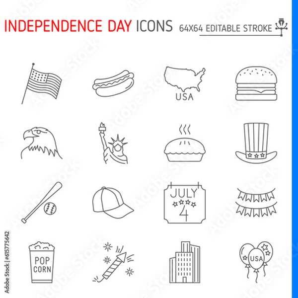 Obraz Independence day icon line set, holiday vector collection, logo illustrations, independence day vector icons, outline style pictogram pack, editable stroke icons.
