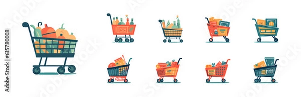 Fototapeta Shopping cart set flat cartoon isolated on white background. Vector illustration