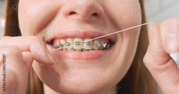 Fototapeta Woman with braces brushing her teeth with dental floss, close-up, front view.