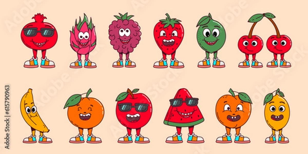Obraz Retro labels with trendy groovy fruits. Collection of bright walking happy cartoon characters 70s. Retro fruits and berries, cheerful vegetables waving their hands and smiling
