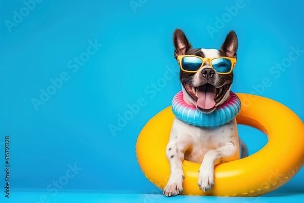Fototapeta Laughing a dog wearing sunglass and an inflatable ring, blue yellow background by generative ai