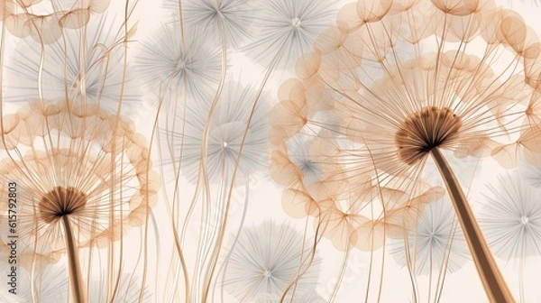 Obraz Dandelion dreamy background, earth colors and grey. Delicate colored, calm backdrop. Luxury texture of nature renewal. Generative Ai.