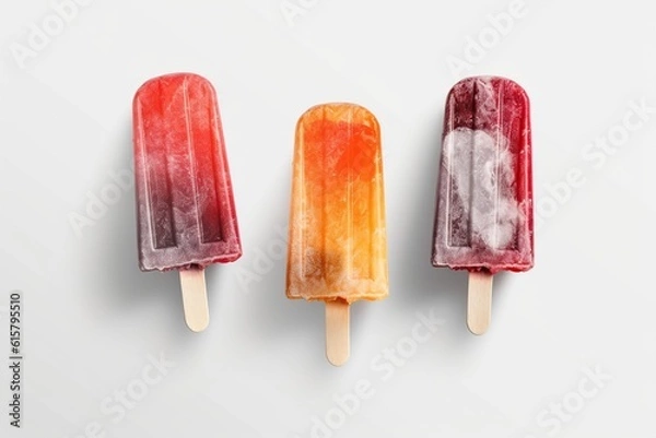 Fototapeta Top view, Orange and strawberry popsicles isolated on white background by generative ai