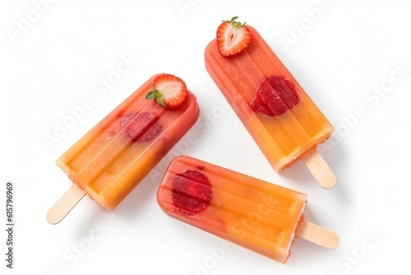 Fototapeta Top view, Orange and strawberry popsicles isolated on white background by generative ai