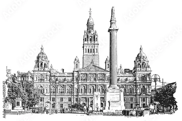 Fototapeta George Square and Glasgow City Chambers, the main civic square in Glasgow, Scotland, ink sketch illustration.