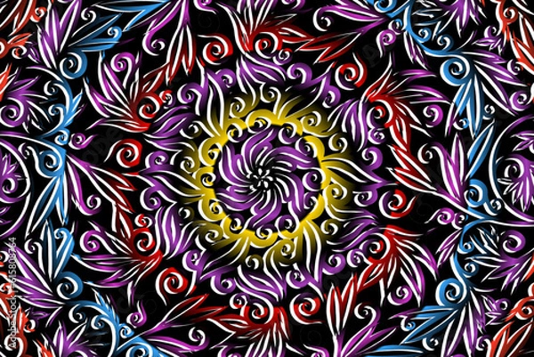 Obraz luxurious design colourful flowers line art pattern of indonesian culture traditional  batik ethnic dayak for background wallpaper textile or fashion