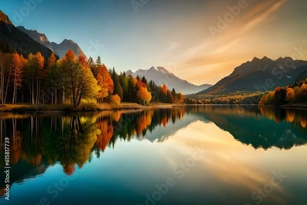 Fototapeta sunset over lake generated by AI technology