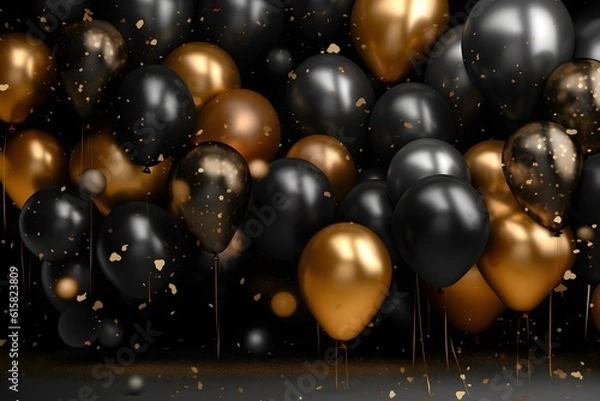 Fototapeta Golden and black balloons with confetti bokeh particles Celebration with balloons background, generative ai