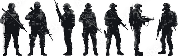 Obraz Army soldiers with sniper rifle on duty vector silhouette on whote background, Jawan black silhouettes collection
