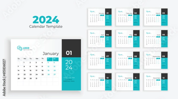 Fototapeta Calendar template for 2024 year. Week starts on Sunday. Calendar 2024 planner corporate template design set