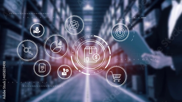 Obraz Procurement management concept: man with smart tablet sourcing and acquiring materials, products, and services from suppliers to meet the organization's needs.