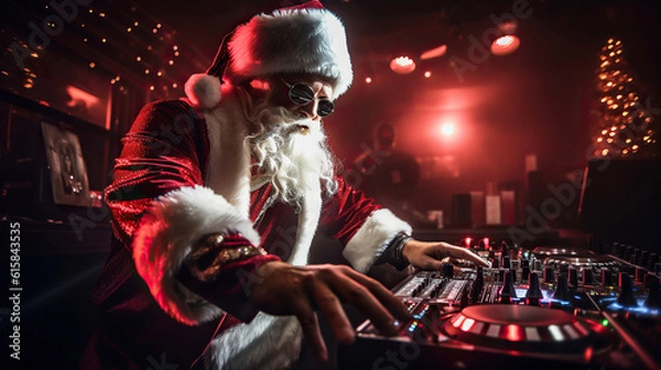 Fototapeta ai generated illustration Santa Claus as a crazy synthwave DJ.