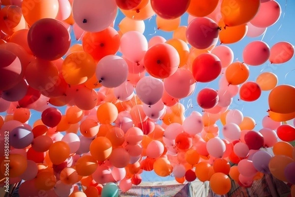 Fototapeta Colorful Party balloons flying in air with sky background, generative ai