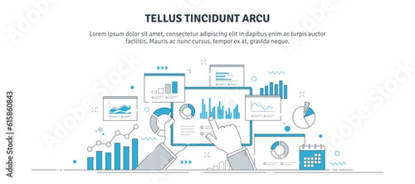 Fototapeta Vector illustration of data analysis, statistics, research. Monitoring investment and finance report, person analyzing business growth, finance investment planning. Thin line icons design.